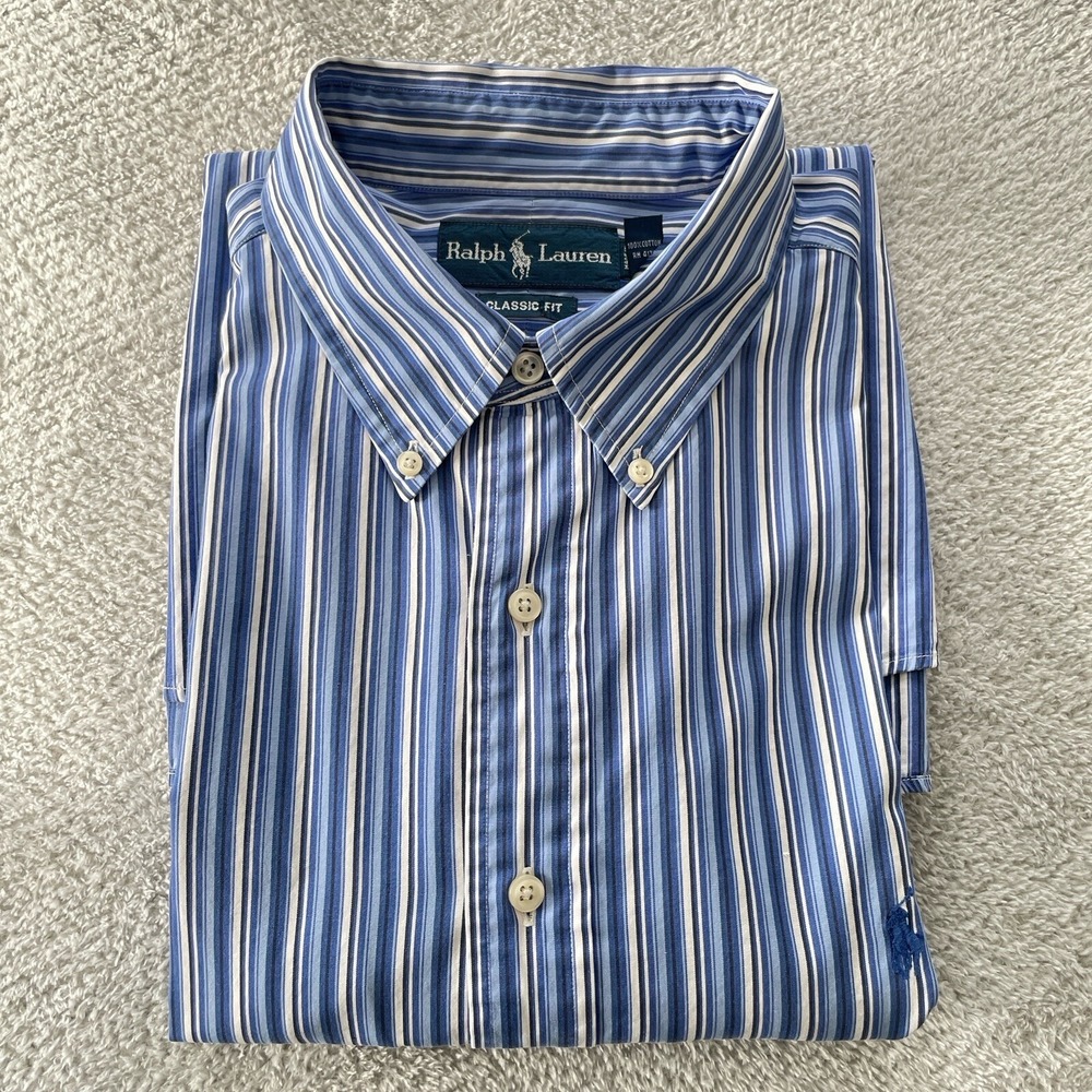Ralph Lauren Classic Fit Button Down Dress Shirt Mens 18/XXL Blue Striped Cotton